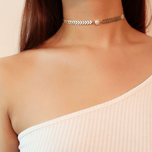 

wholesale v shape women minimalist necklace jewelry gold plated single pearl necklace fashion choker necklace, Silver