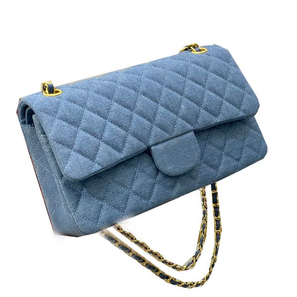 22SS Classic Doppi Flap Denim Borse Denim Blu Quilted Gold Gold Matelasse Catena Croce Spalla a croce Ristole di lusso a grande capacità 25x16 cm