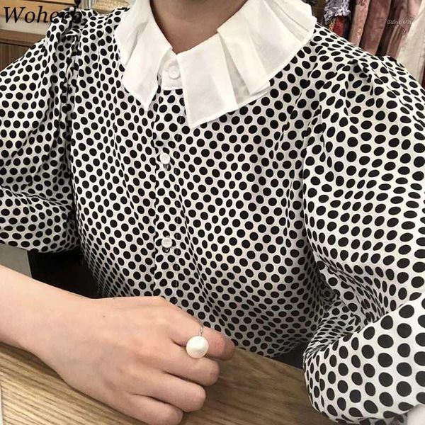 

woherb sweet polka dot print women fashion blouses 2020 spring summer lantern sleeve shirt korean elegant office ladies work, White