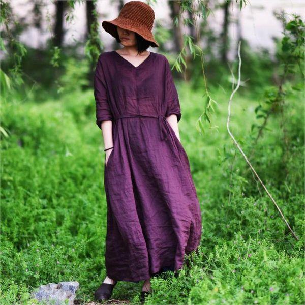 

women loose v neck solid color ramie dress ladies vintage ramie dresses female summer autumn dress 20201, Black;gray