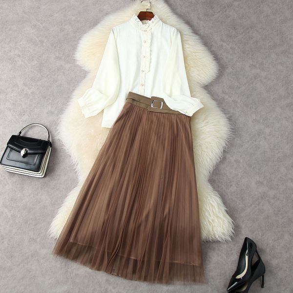 

european and american women's clothing winter 2022 new shirt long sleeves and standing collar gauze belt skirt fashion suits, White