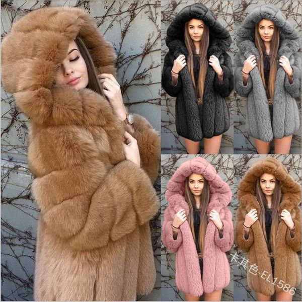 

faux fur coat women hooded winter casual teddy coat autumn pockets plus size fur jacket fleece fluffy overcoat outwear, Black