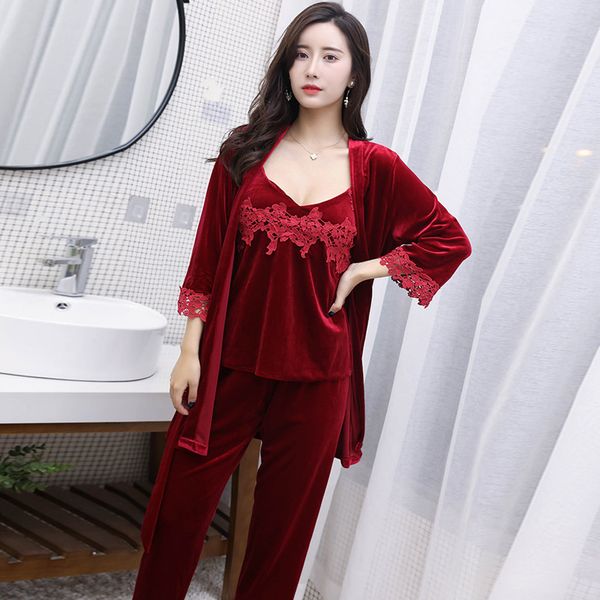 

2021 new women's autumn winter vintage pajamas flannel sleepwear female elegant solid pijama pants nightwear ladies homewear j0zs, Black;red