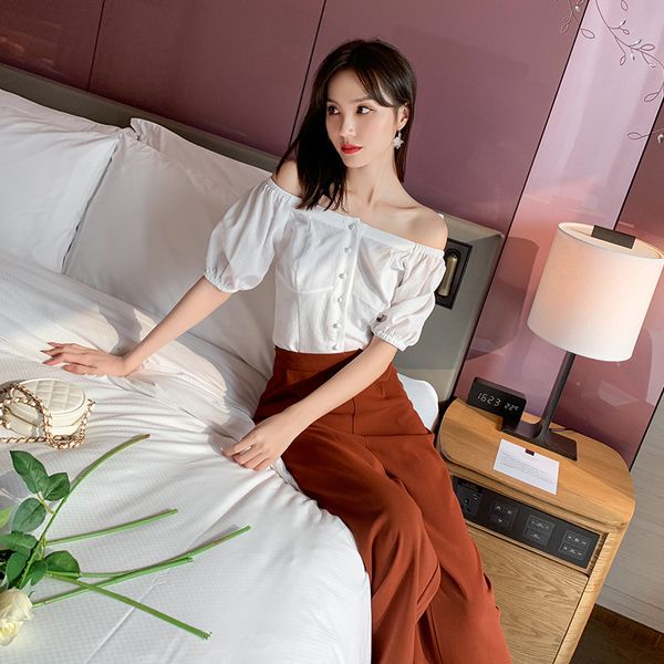 

2021 new summer korean version of the popular female wear a word all-around turtleneck neck high-waisted pants wide leg suit for woman vprw, Gray