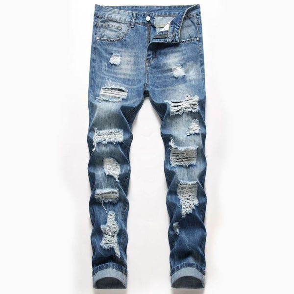 

men's jeans hole straight slim denim ripped men bleached scratched washed full length cowboy solid color dark blue trousers male