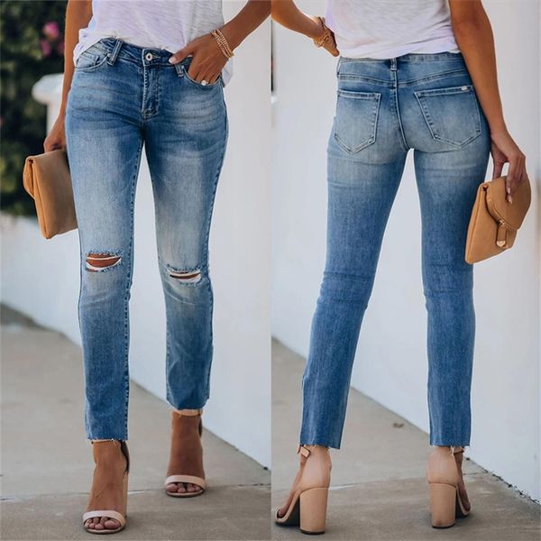 

autumn hole tight women's medium waist high elastic denim pants, Blue
