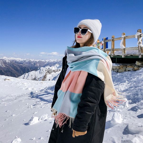

brand version of autumn and winter wool plaid scarf for women klwe, Blue;gray