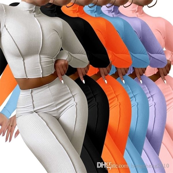 

cutenew spring solid two piece pants set women's outfits half high collar long sleeve crop + skinny leggings lady casual sporty suit, White