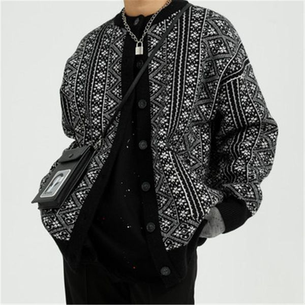 

men's sweaters mens autumn sweater coat fashion geometric pattern knitted cardigan outwear men loose vintage streetwear jackets, White;black