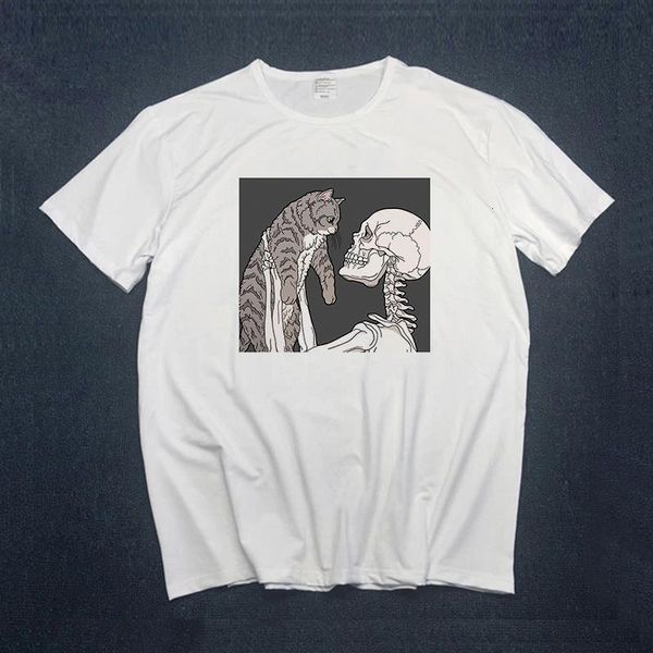 

horro skull and cute cat women t shirt harajuku female t-shirts short sleeve ullzang punk style girls tees streetwear, White