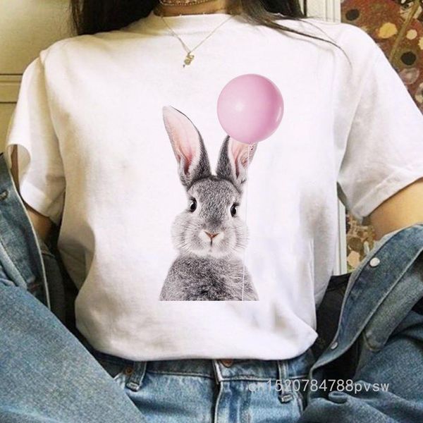 

summer fashion casual bubble gum new harajuku women t-shirt rabbit cute print t shirt lovely vogue o-neck, White