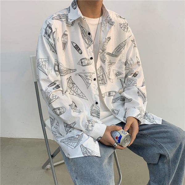 

2021 spring the listing of long sleeves printed male shirt style national all-match white recommend 9kan, White;black