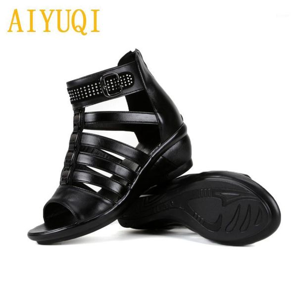

sandals aiyuqi women 2021 summer genuine leather large size 41 42 43 rhinestones roman ladies mother1, Black