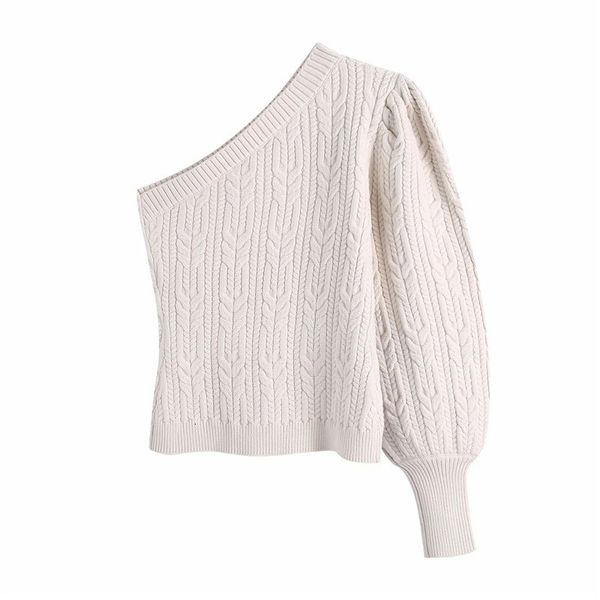 

new beige one shoulder knitted woman 2021 y2k asymmetric puff long sleeve crop sweater women fashion streetwear f2dk, White;black