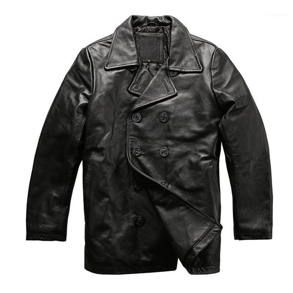 

read description asian size mans winter genuine cow leather jacket men's classic cowhide leather pea coat nfs_18361, Black
