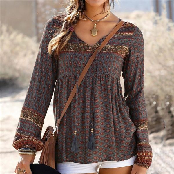 

bohemia plus size s 3xl women vintage print daily casual long sleeve v neck ladies t shirt hip, White