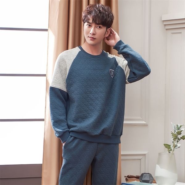 

winter thick warm blue quilted pajama sets for men long sleeve air cotton interlayer sleepwear loungewear homewear home clothes 201109, Black;brown