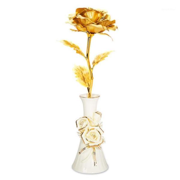 

decorative flowers & wreaths 24k gold plated artificial rose flower with ceramics base gift box ackage for valentine's day mother'