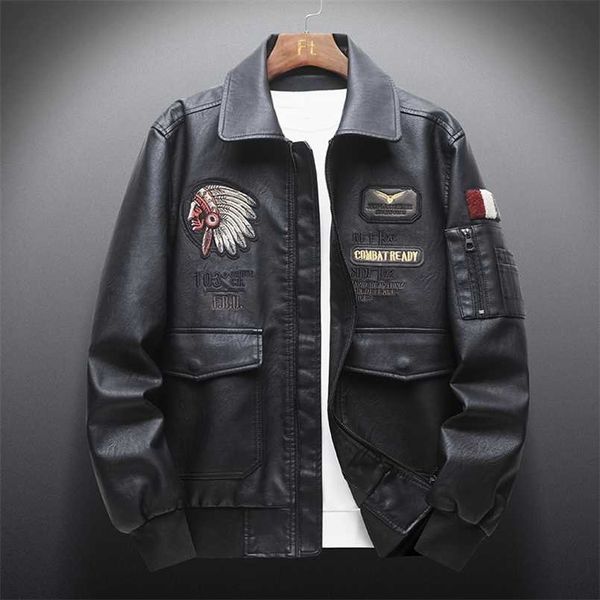 

autumn men 's retro leather jackets embroidery outwear casual motorcycle pu jacket biker leather windbreaker multi-pockets 220124, Black;brown