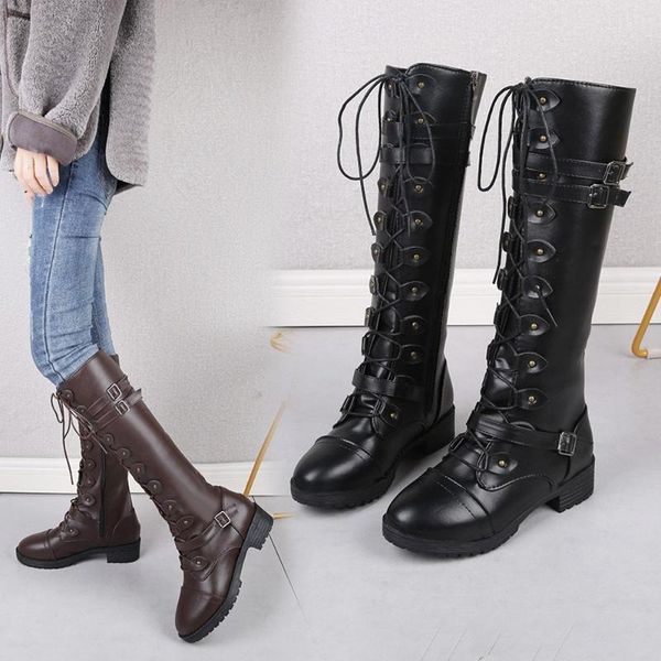 

ladies womens knee high lace up biker punk combat boots shoes belt buckle plus size new 2021, Black
