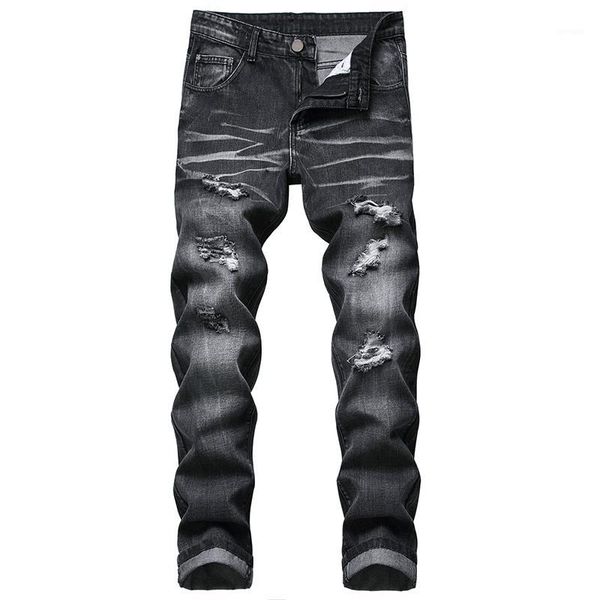 

men motorcycle personality jeans black ripped men denim trousers 2020 new jeans long brand pant for male1, Blue