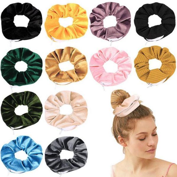 

hairband velvet scrunchies large intestine elastic hair band zipper pocket wallet wristlet coin purse key holder dhf2529