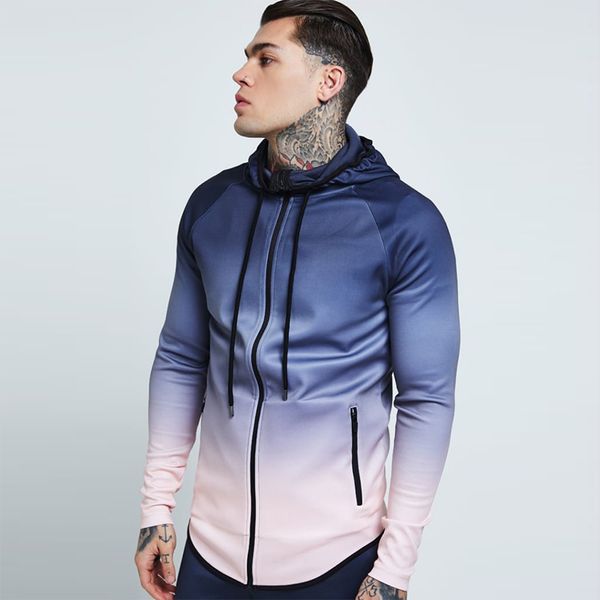 

hoodies fashion spring fall men of color gradient jacket with thin male hood 3d zipper camisola streetwear, Black
