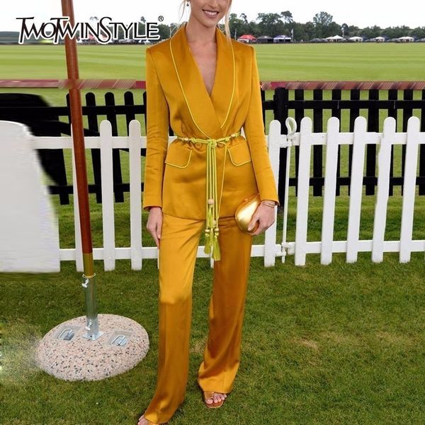 

twotwinstyle yellow pants suits for women belt tassel tunic long sleeve blazer with high waist maxi pants female autumn ol y200110, White
