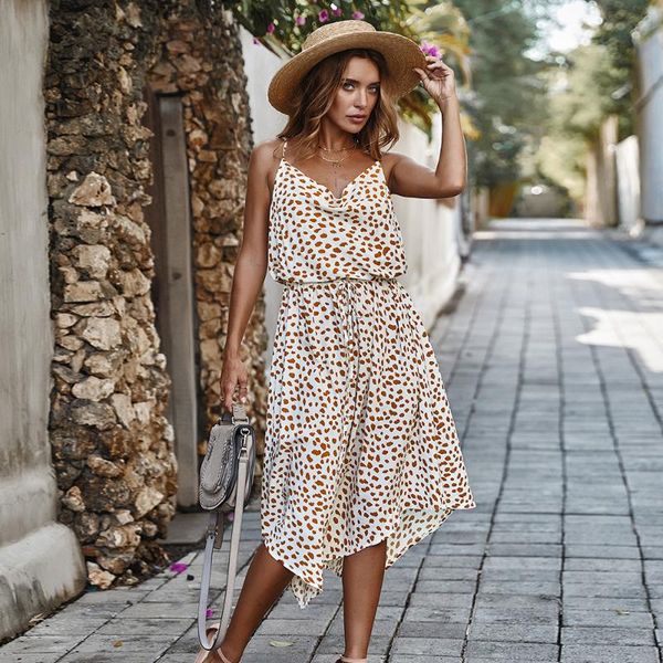 

casual dresses 2021 dot printed spaghetti strap high waist summer dress blue cotton tunic women street wear open back midi a461, Black;gray