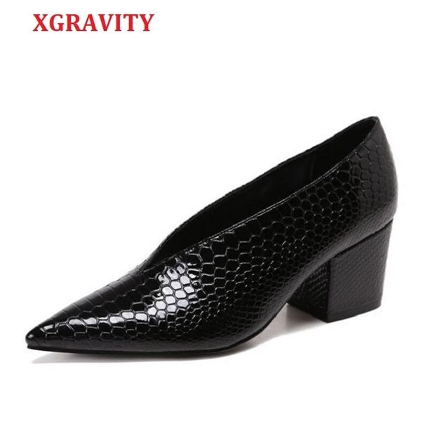 

xgravity crocodile pattern designer vintage evening shoes ladies fashion pointed toe v cut woman shoes high heel pumps c076 c0202, Black