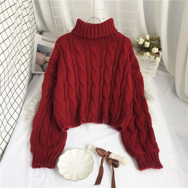 women 2021 autumn winter short solid color sweater female new twist loose pullover ladies kniited turtleneck 657, White;black