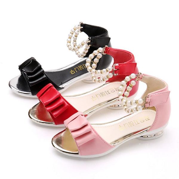 

sandals girls summer 2021 pearl bow shoes fashion princess fish head, Black;red