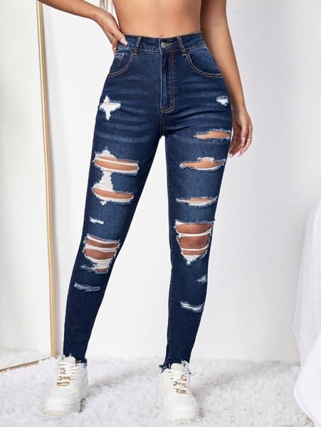 

high waist ripped raw hem jeans 93bs#, Blue