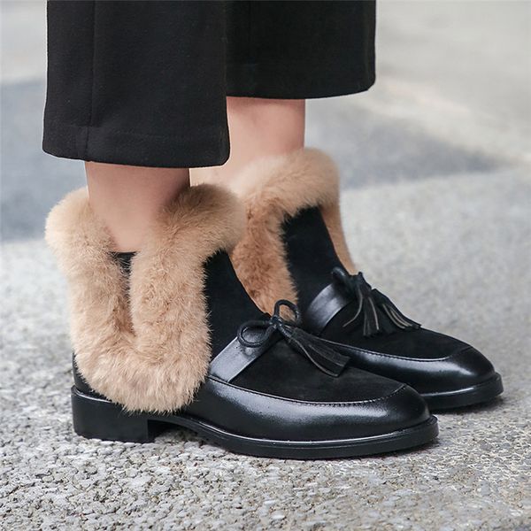 

fashion women genuine leather ankle boots butterfly-knot casual basic shoes woman new autumn winter short snow boots, Black