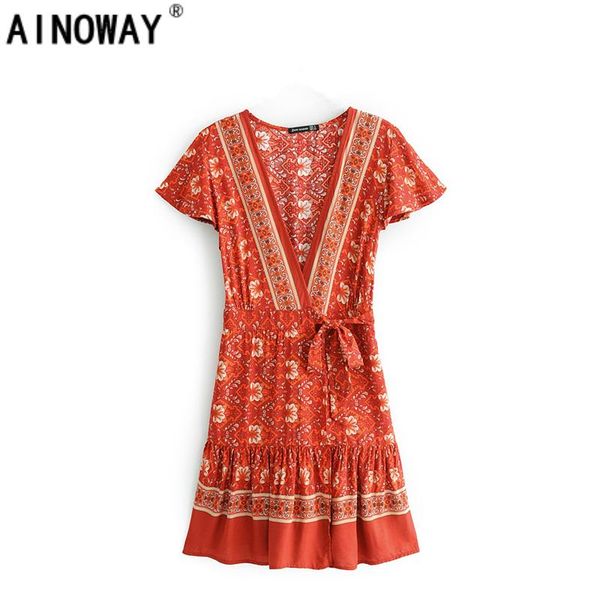 

vintage chic women hippie floral print deep v-neck sashes bohemian mini dress ladies short sleeve rayon boho dresses vestidos, Black;gray