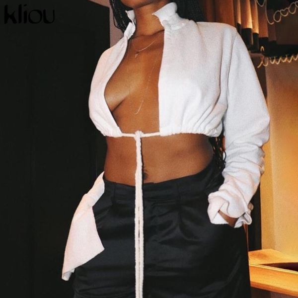 

solid flare sleeve drawstring t-shirts open front crop autumn turtleneck party clubwear female fashion outfits, White