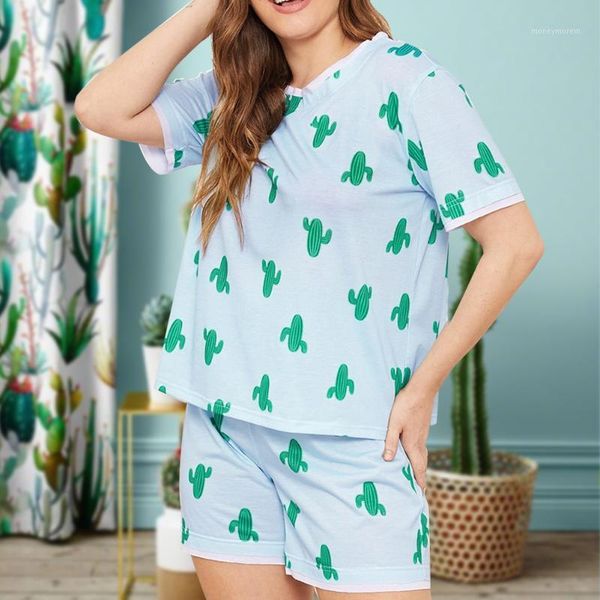 

women's sleepwear short sleeve summer women pajamas set cute lounge cactus print two pieces home crew neck soft shirt shorts night loos, Black;red