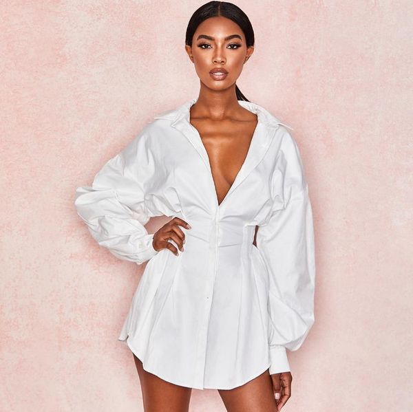 

autumn spring ladies women shirt dress club deep v neck long puff sleeve mini beach white black dresses, Black;gray