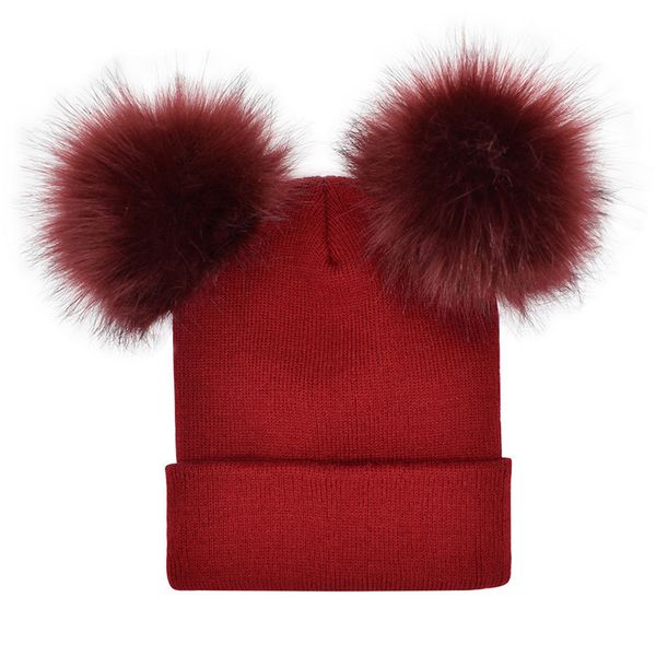

2019 ins kids baby double fur ball beanie knit crochet & kid fur pom ski cap beanies winters warm pom cap, Yellow
