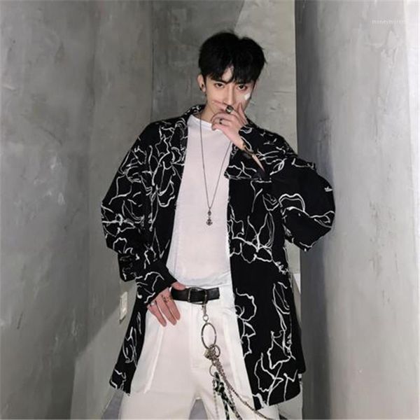 

men's casual shirts printing bat sleeve harajuku shirt men summer loose hawaiian cardigan coat streetwear camisa masculina1, White;black