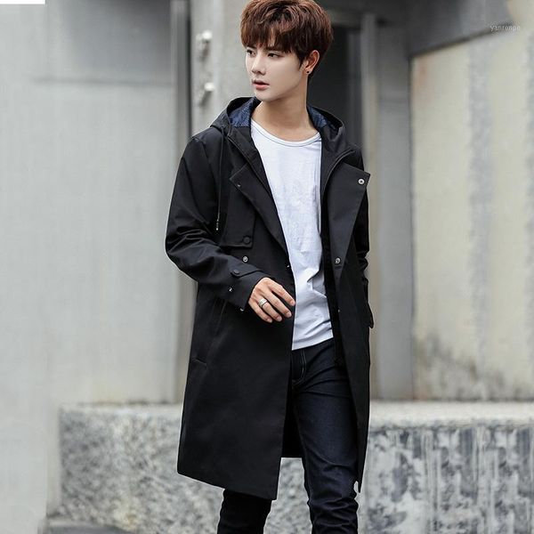 

men's long trench hoodie jacket coat 2020 autumn england windbreaker homme slim men clothing solid overcoat outwear1, Tan;black
