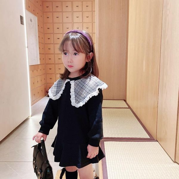 

девушка платье 2020 осенью и зима новые продукты детская одежда девушки средний и маленький дети листья воротник с длинным рукавом платье, Red;yellow