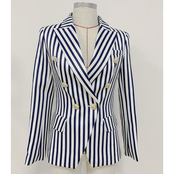 

2020 designer blazer women's lion buttons double breasted classic blue & white ,black & white striped print blazer jacket1