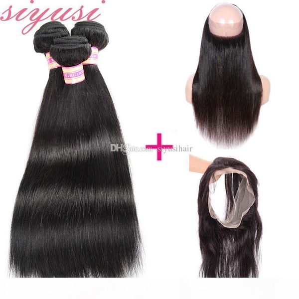 

peruvian straight virgin hair with frontal closure 3 bundles straight hair with closure 360 lace frontal closure with bundles, Black;brown