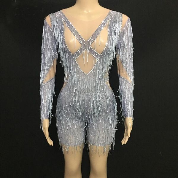 

women net yarn bodysuit silver tassel sparkling crystals djds jumpsuit nightclub birthday party wear dancer singer costumes