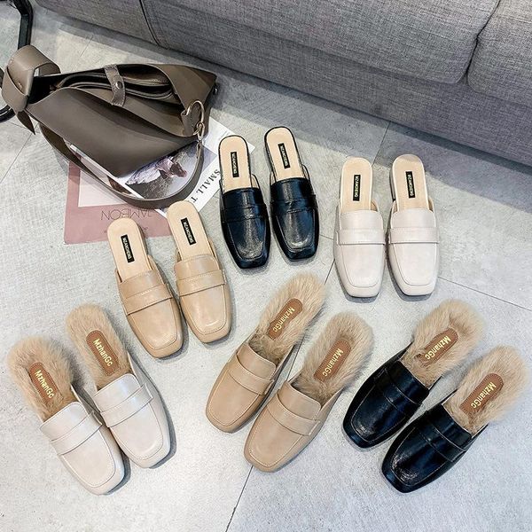 

shoes mules for women 2020 loafers slippers casual square heel fur flip flops slides cover toe low pantofle luxury block plush, Black
