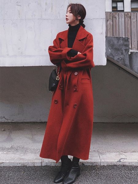 

mwoollen coat women's middle and long fall / winter 2020 new korean loose style over the knee woolen overcoat, Black