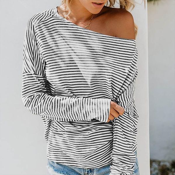 

women tshirt stripes print slash collar off shoulder long bat sleeve casual camiseta autumn loose pullover vetements, White
