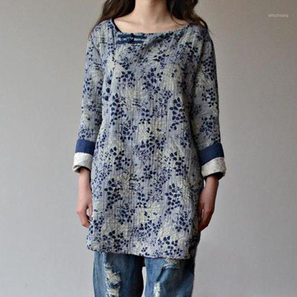 

johnature women print floral shirts vintage button loose 2020 autumn new casual chinese style cotton linen original blouse1, White