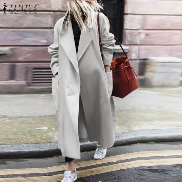 

2020 fashion jackets solid open loose windbreaker zanzea autumn female long wool streetwear coat lapel women neck front outwear qupoe, Black